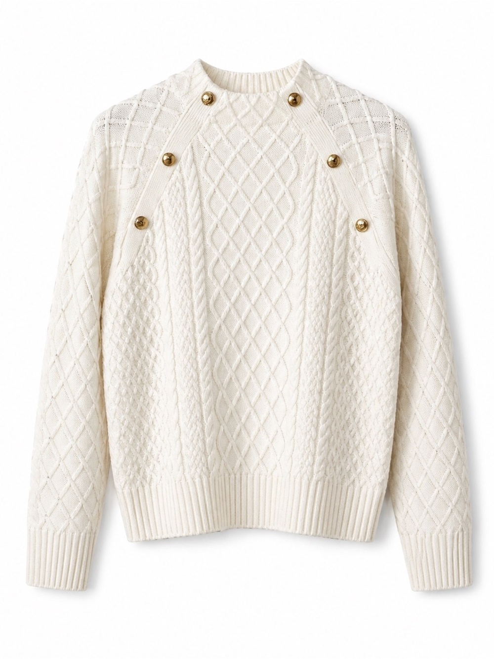 Talbots Ivory Cable Knit Sweater Gold Button Shoulder Preppy Classic Size M